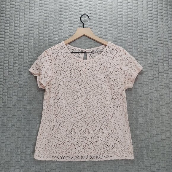 Blush Pink Sheer Lace Floral Short Sleeve Shirt-Old Navy-M - Picture 1 of 8